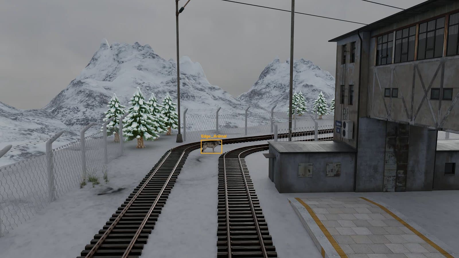 Dieselbe Bahnszene in vier Bedingungen: klarer Winter, bedeckter Winter, Dämmerung, Dunst; Blender-Rendering