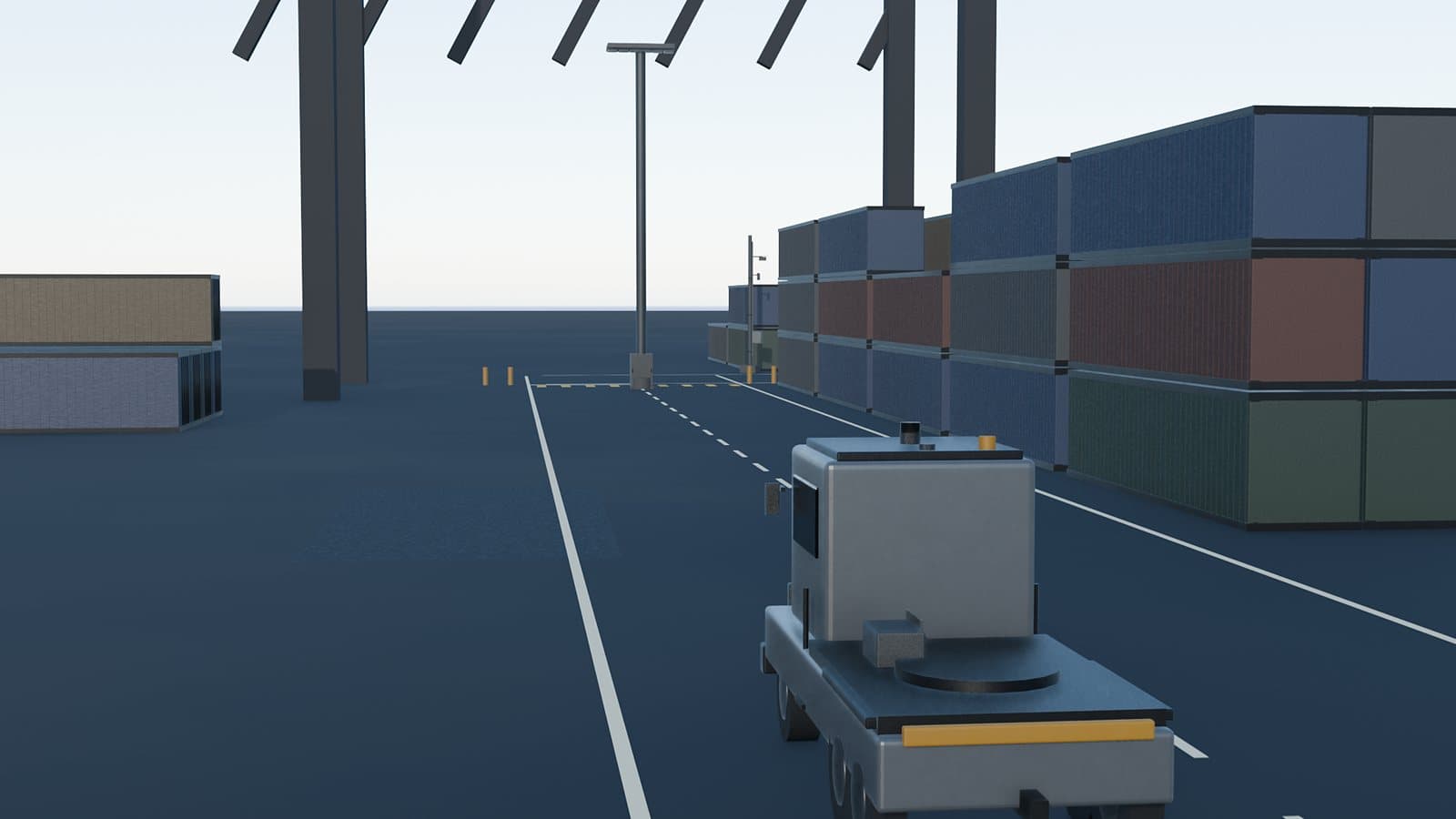 Autonomer Terminal-Trecker auf dem Weg zur Kreuzung entlang eines Containerstapels, Blender-Rendering