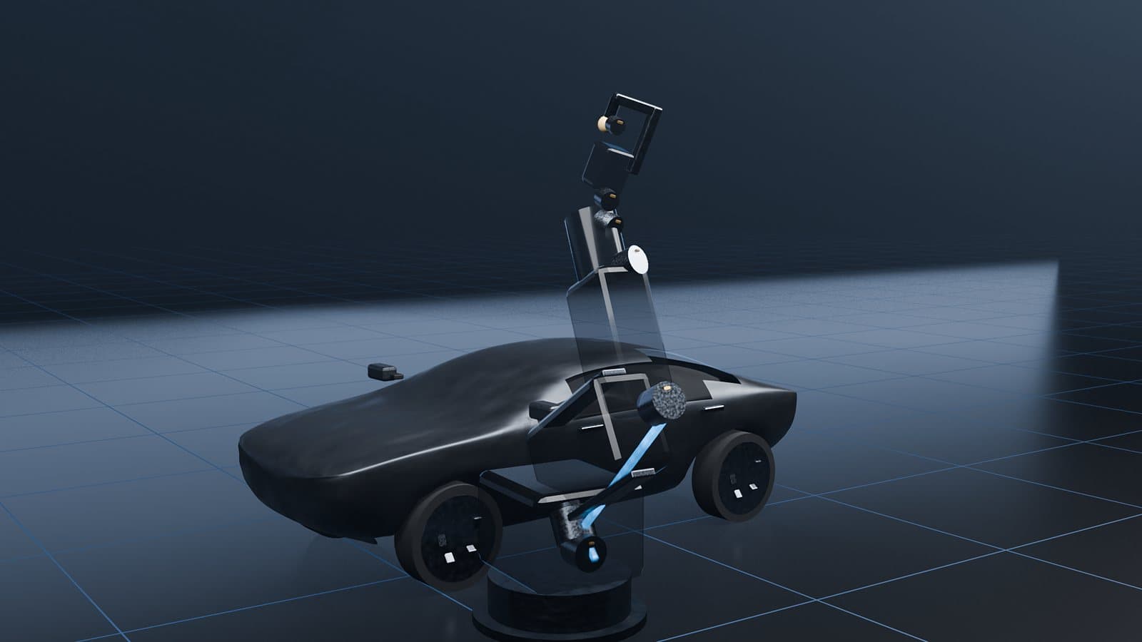 Schweißroboter an einer Autokarosserie, Blender-Rendering