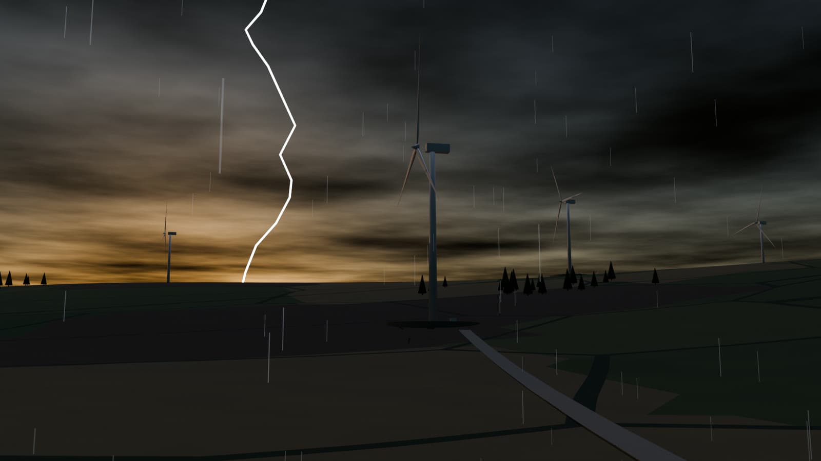 Eine Windturbine im Regen in stürmischer Dämmerung, im Hintergrund ein Blitz, Blender-Rendering