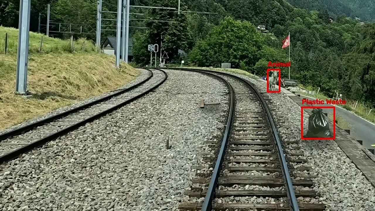 Synthetische Hindernisse in realen Bahnaufnahmen, mit den Label-Boxen aus dem Platzierungsschritt