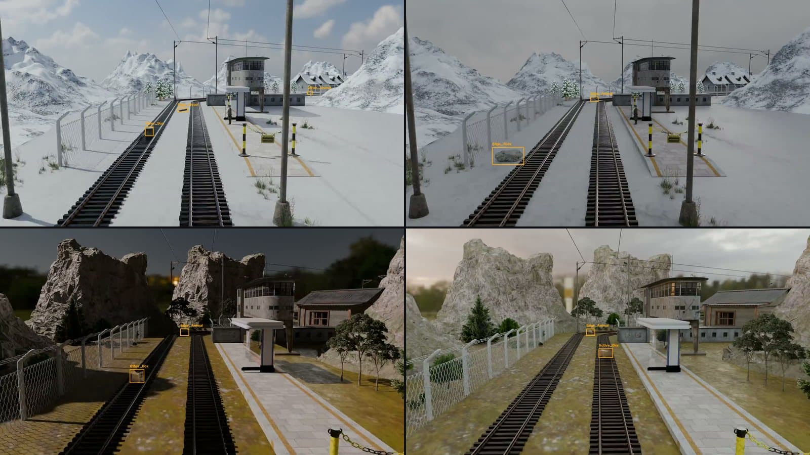 Dieselbe Bahnszene in vier Bedingungen: klarer Winter, bedeckter Winter, Dämmerung, Dunst; Blender-Rendering