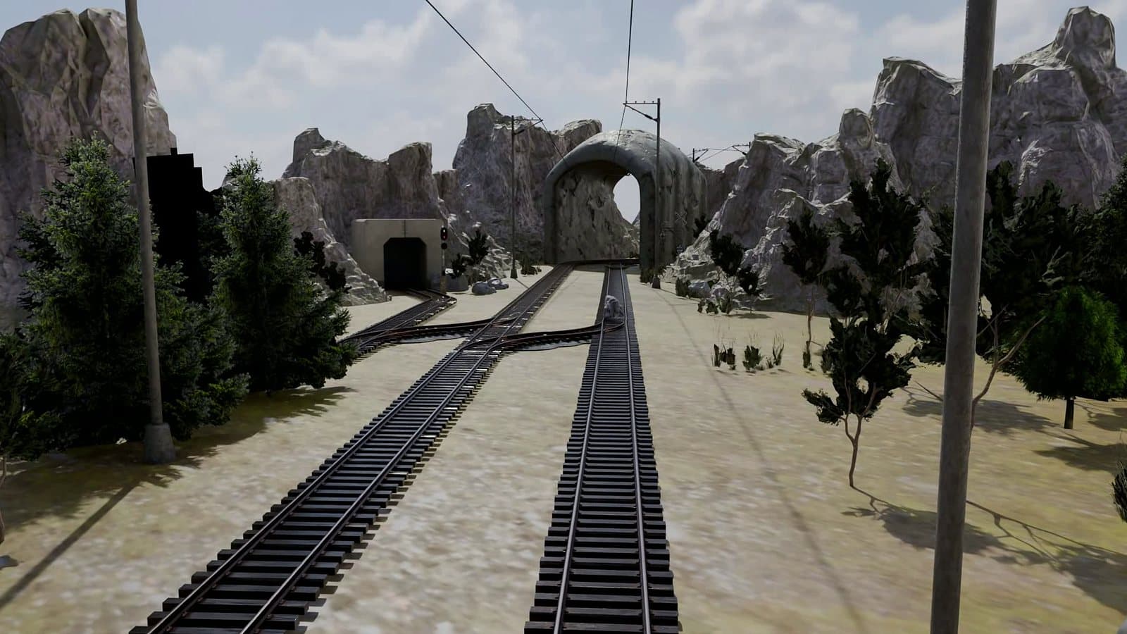 In Blender gebaute Bahnszene: Tunnel, Weiche und Gleise