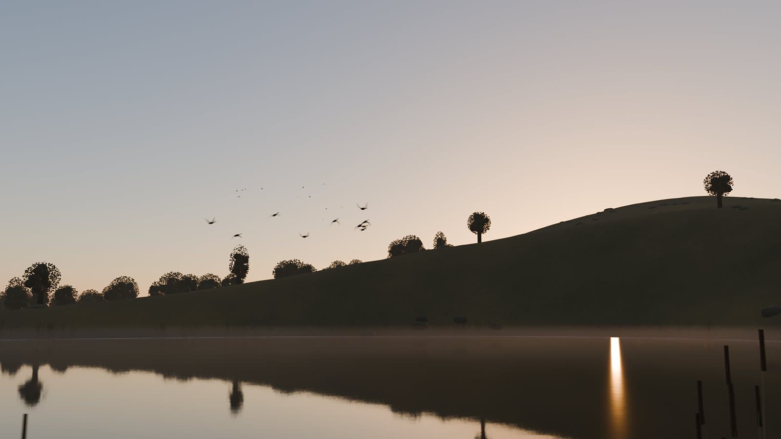 Sumpf im ersten Licht, ein Schwarm hebt vom Wasser ab, Blender-Rendering